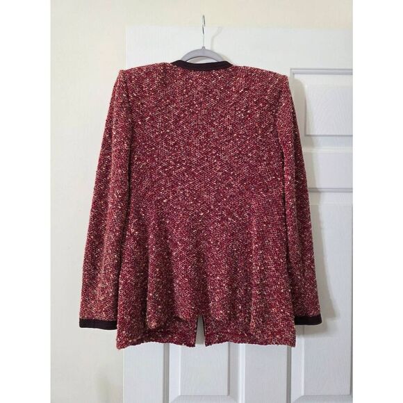 ST. JOHN Claret Red Black Tweed Boucle Wool Blend Knit Zip Front Jacket 10 - Picture 7 of 10